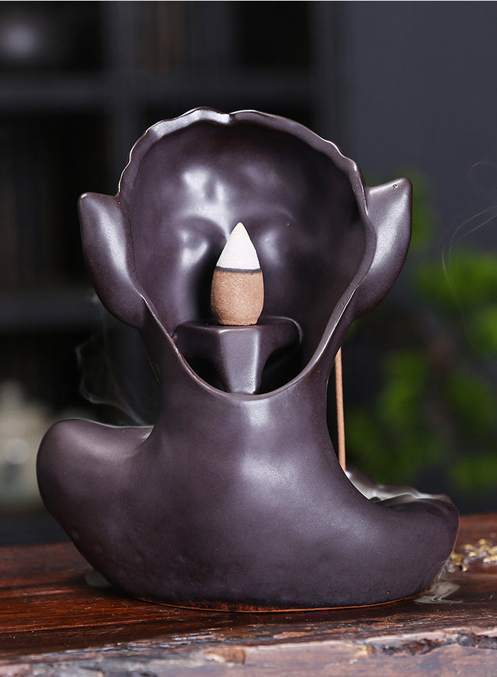 Blue - Elf Human face Shaped Ceramic Backflow Incense Burner.