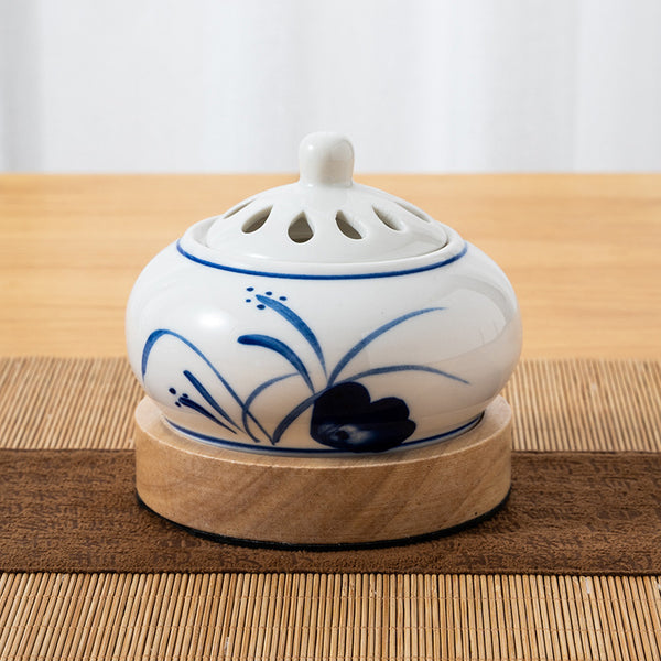 Hand - Painted Orchid Ceramic Electric Incense Burner with Wooden Base.