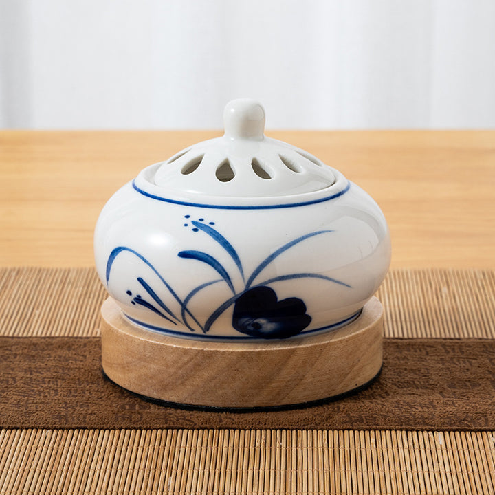 Hand - Painted Orchid Ceramic Electric Incense Burner with Wooden Base.