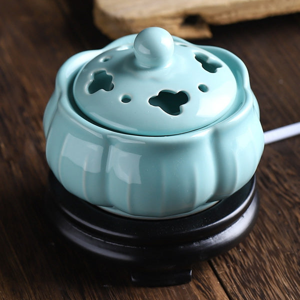 Lotus - shaped Blue Glaze Electric Incense Burner.