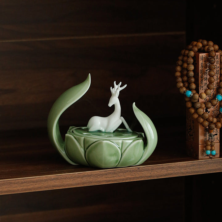 Exquisite One Deer lotus Ceramic Incense Burner.