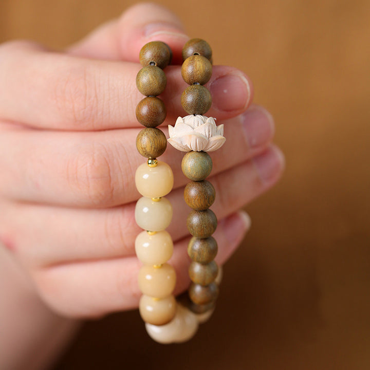 Handcrafted Green Sandalwood & Bodhi Seed Lotus Mala Bracelet.