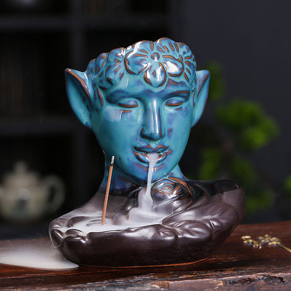 Blue - Elf Human face Shaped Ceramic Backflow Incense Burner.