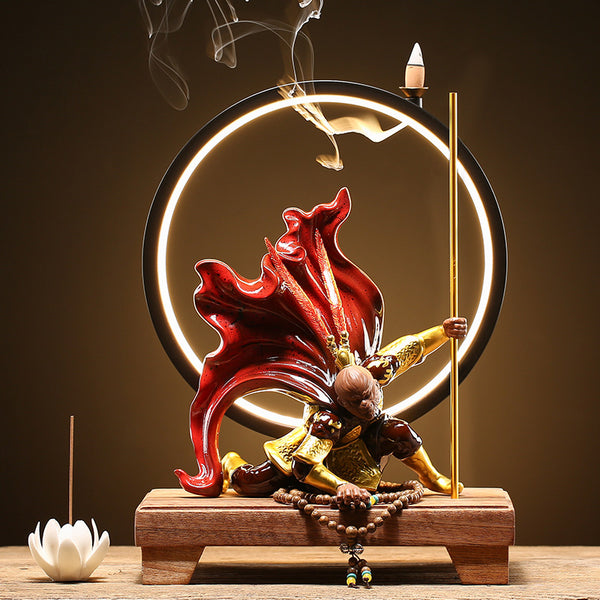Exquisite WuKong Purple Clay Pottery Backflow Incense Burner with LED Ring.