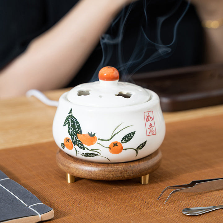 Hand - Painted Persimmon Design Electric Incense Burner with Wooden Base.
