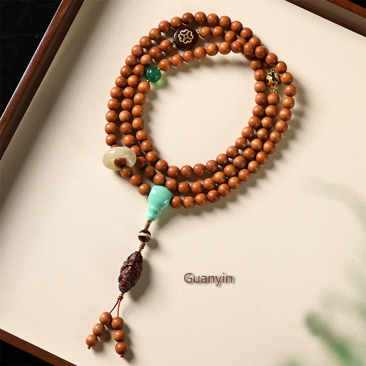 Handmade Sandalwood Bodhisattva Guanyin Bracelet with Rosewood, Agate & Bodhi Beads.