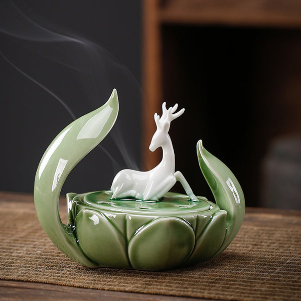 Exquisite One Deer lotus Ceramic Incense Burner.