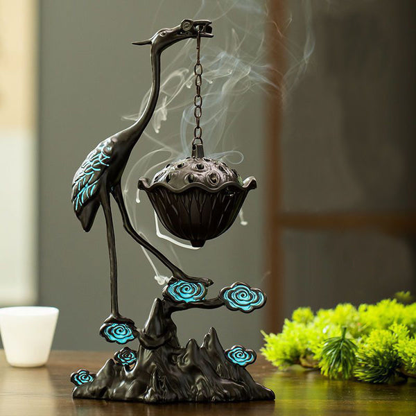 Exquisite Bronze Crane Stepping on Clouds Incense Burner.