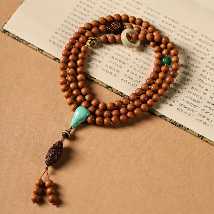 Handmade Sandalwood Bodhisattva Guanyin Bracelet with Rosewood, Agate & Bodhi Beads.