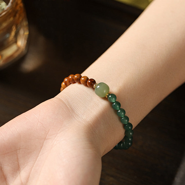 Handcrafted Kukui Bodhi & Blue Water Jadeite Double Loop Bracelet - New Chinese Style Spiritual Gift.