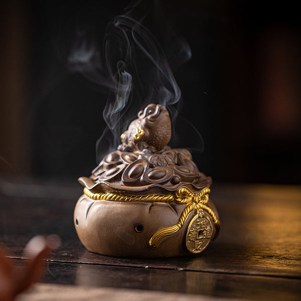Lucky Money-Bag Golden Toad Incense Burner.