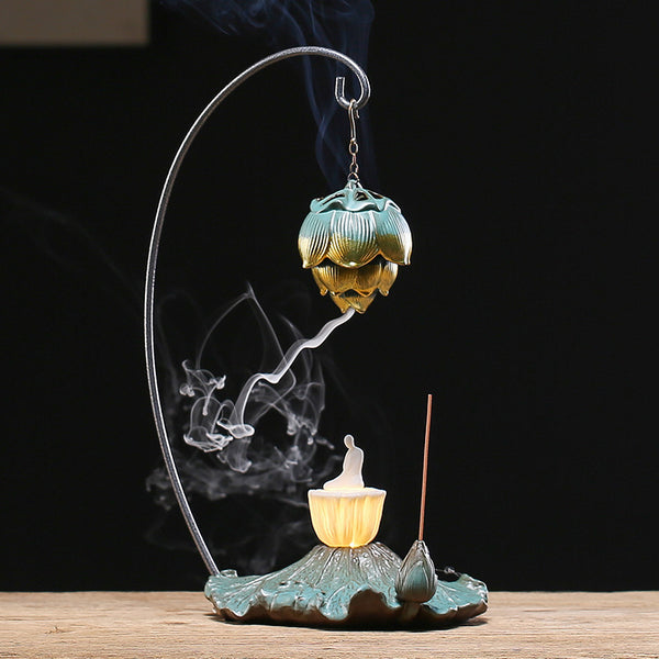Lotus - themed Ceramic Backflow Incense Burner with Night Light.