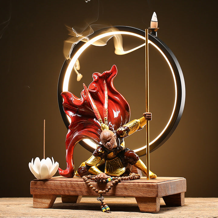 Exquisite WuKong Purple Clay Pottery Backflow Incense Burner with LED Ring.