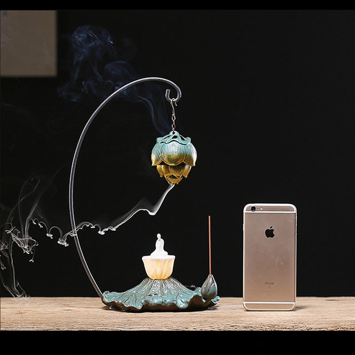 Lotus - themed Ceramic Backflow Incense Burner with Night Light.