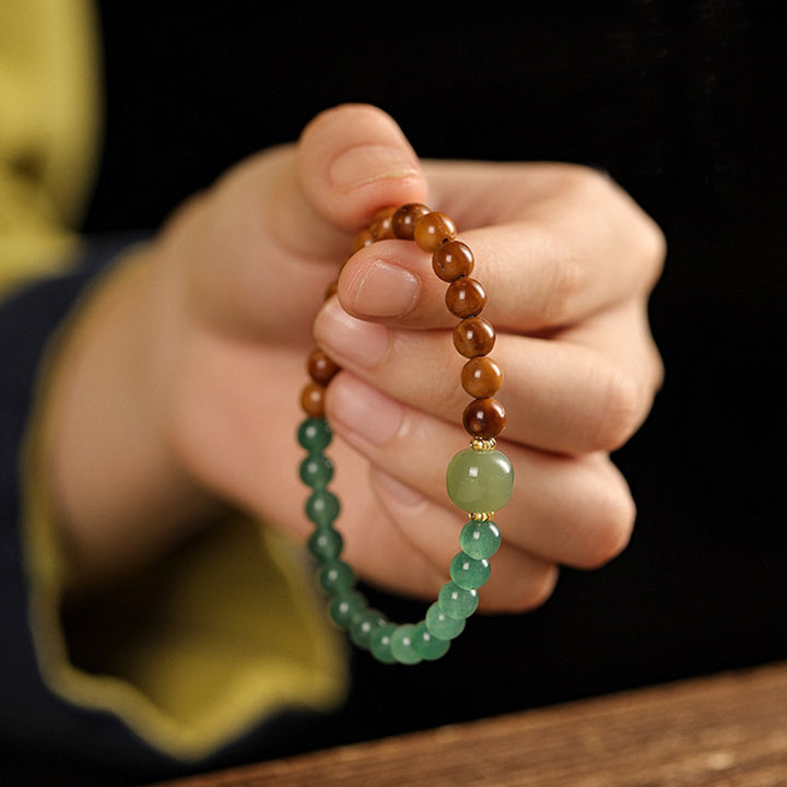 Handcrafted Kukui Bodhi & Blue Water Jadeite Double Loop Bracelet - New Chinese Style Spiritual Gift.
