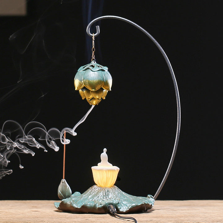 Lotus - themed Ceramic Backflow Incense Burner with Night Light.