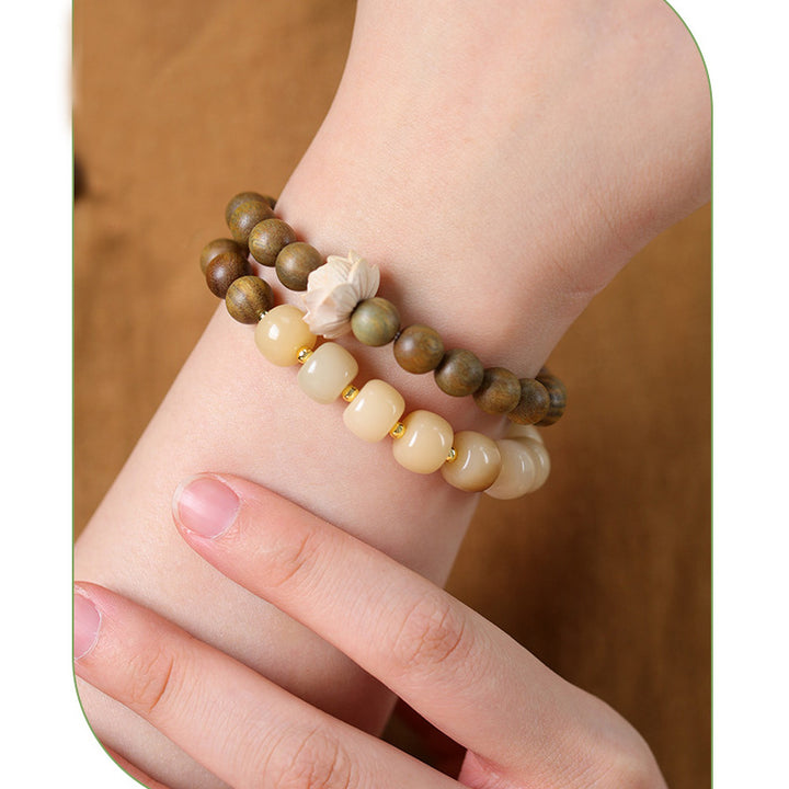 Handcrafted Green Sandalwood & Bodhi Seed Lotus Mala Bracelet.