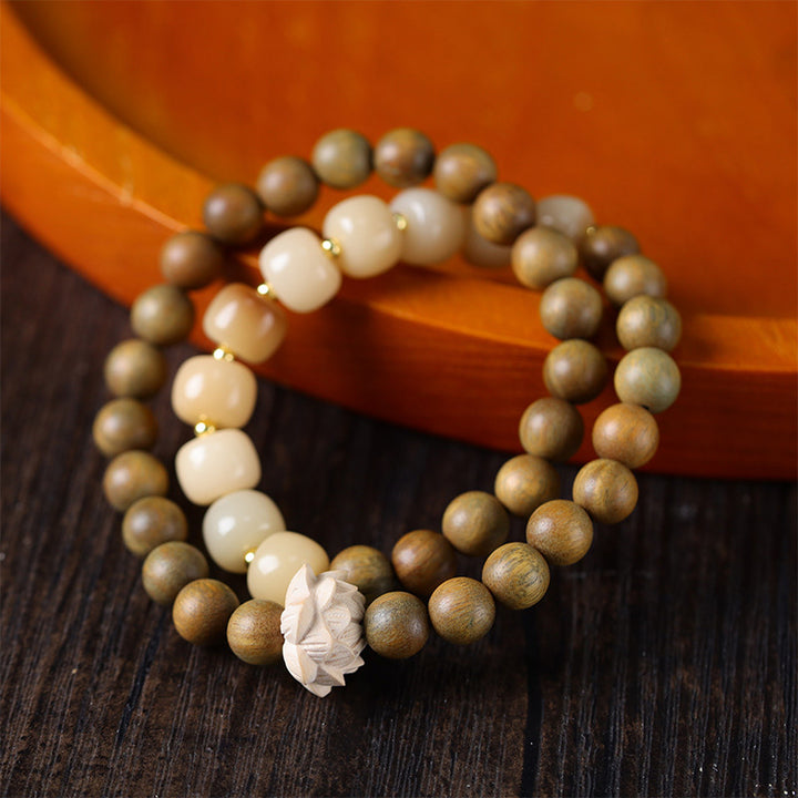 Handcrafted Green Sandalwood & Bodhi Seed Lotus Mala Bracelet.