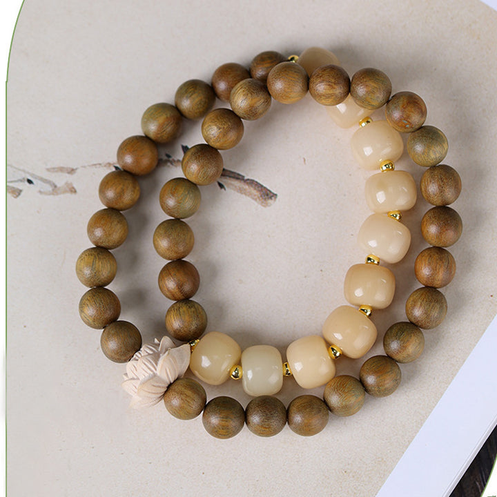 Handcrafted Green Sandalwood & Bodhi Seed Lotus Mala Bracelet.