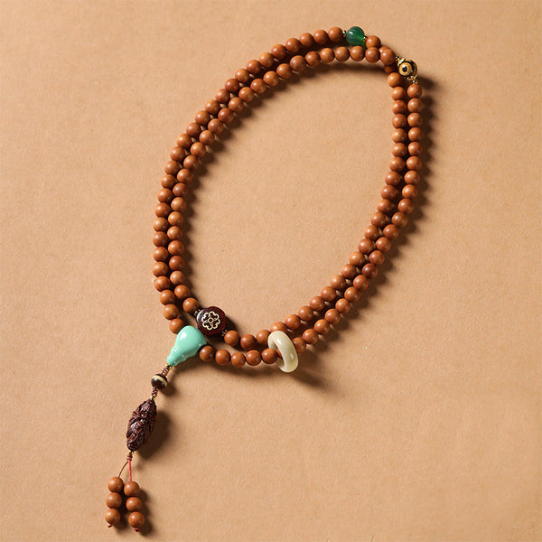 Handmade Sandalwood Bodhisattva Guanyin Bracelet with Rosewood, Agate & Bodhi Beads.