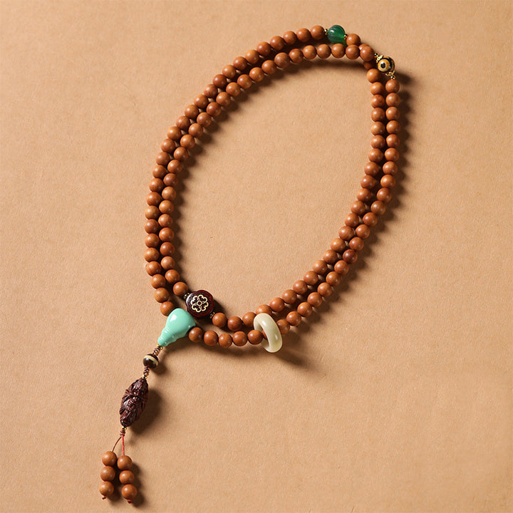 Handmade Sandalwood Bodhisattva Guanyin Bracelet with Rosewood, Agate & Bodhi Beads.