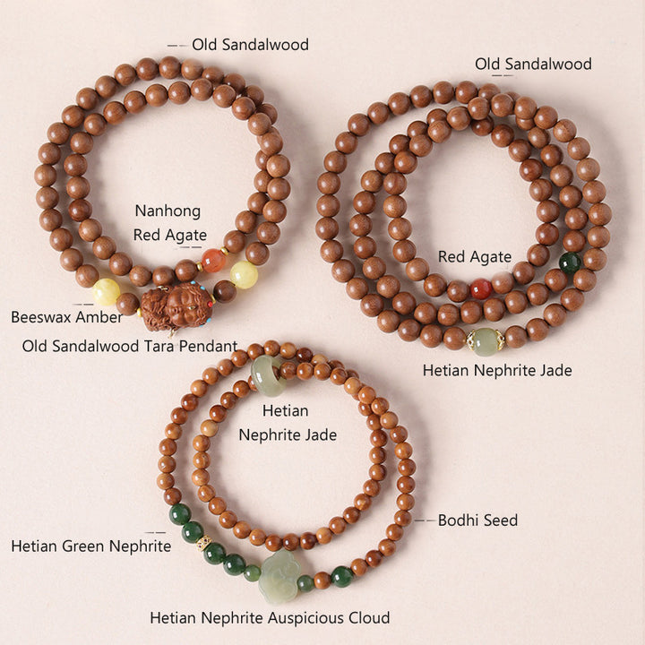 Sandalwood Mala Beads Divine Tara, Lucky Cloud & Jade Bead Handmade Spiritual Bracelets.