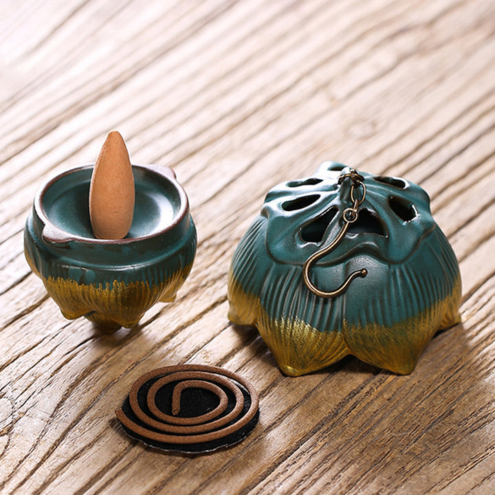 Lotus - themed Ceramic Backflow Incense Burner with Night Light.