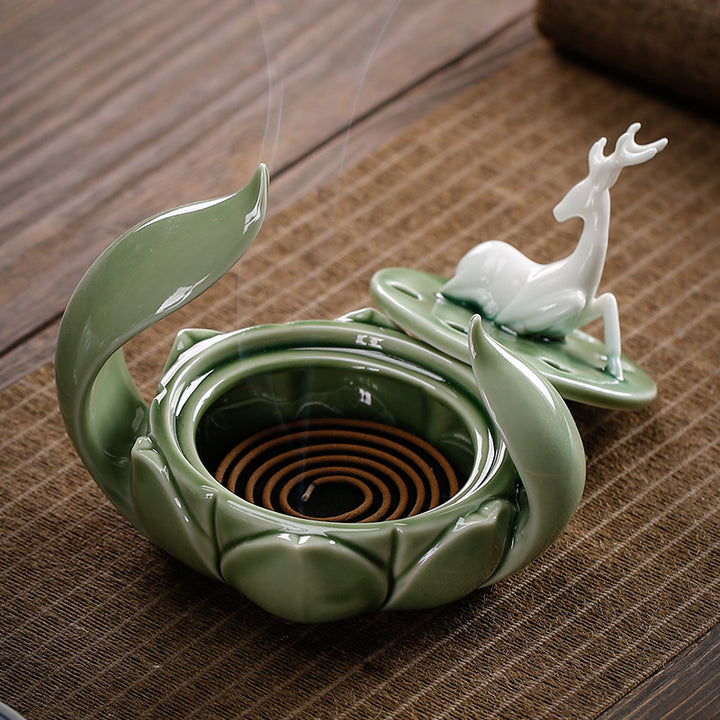 Exquisite One Deer lotus Ceramic Incense Burner.