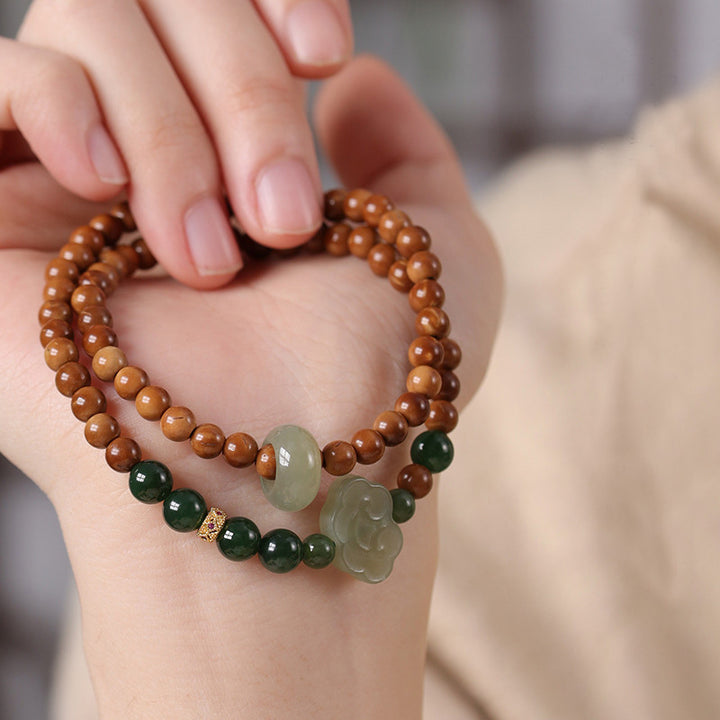 Sandalwood Mala Beads Divine Tara, Lucky Cloud & Jade Bead Handmade Spiritual Bracelets.