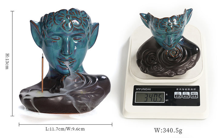 Blue - Elf Human face Shaped Ceramic Backflow Incense Burner.