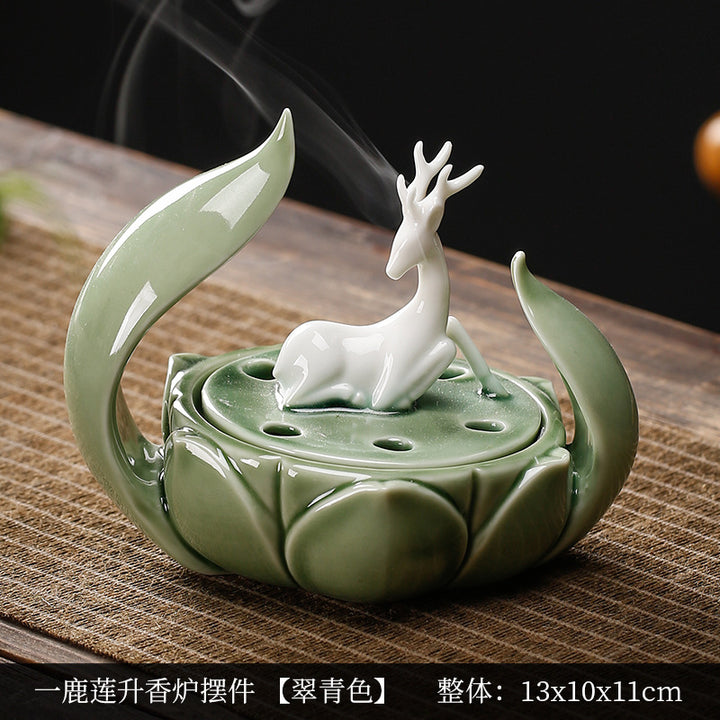Exquisite One Deer lotus Ceramic Incense Burner.