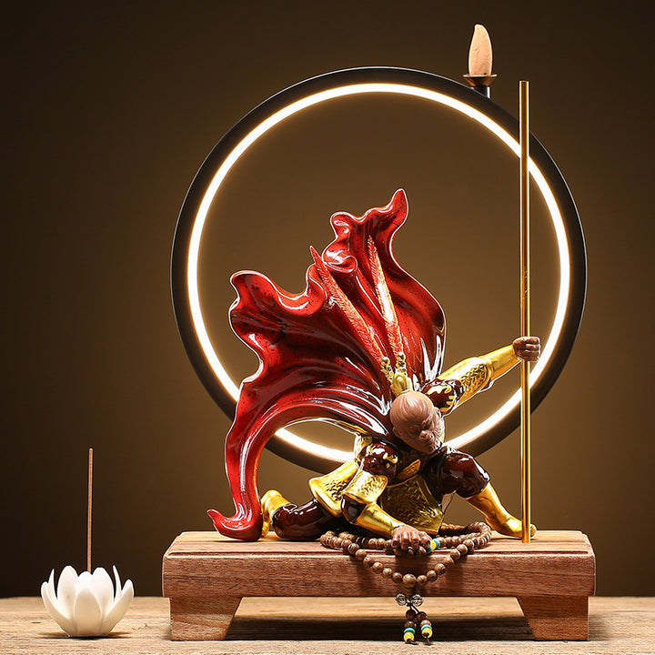Exquisite WuKong Purple Clay Pottery Backflow Incense Burner with LED Ring.