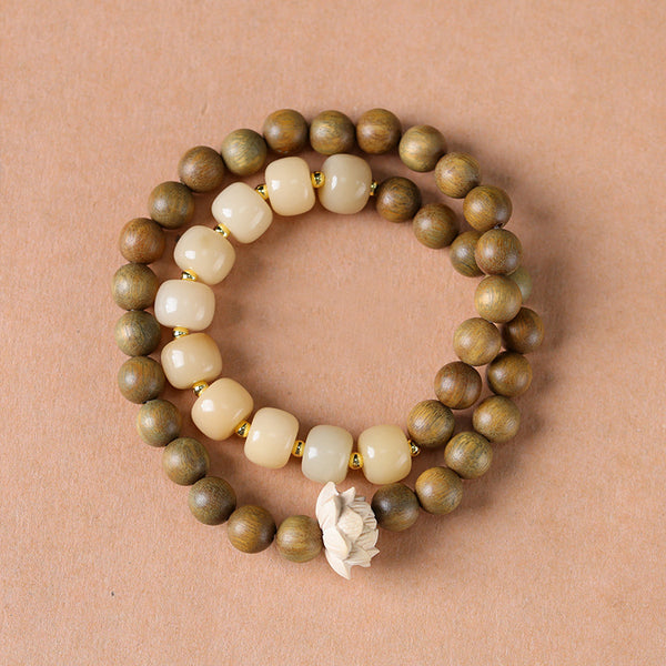 Handcrafted Green Sandalwood & Bodhi Seed Lotus Mala Bracelet.
