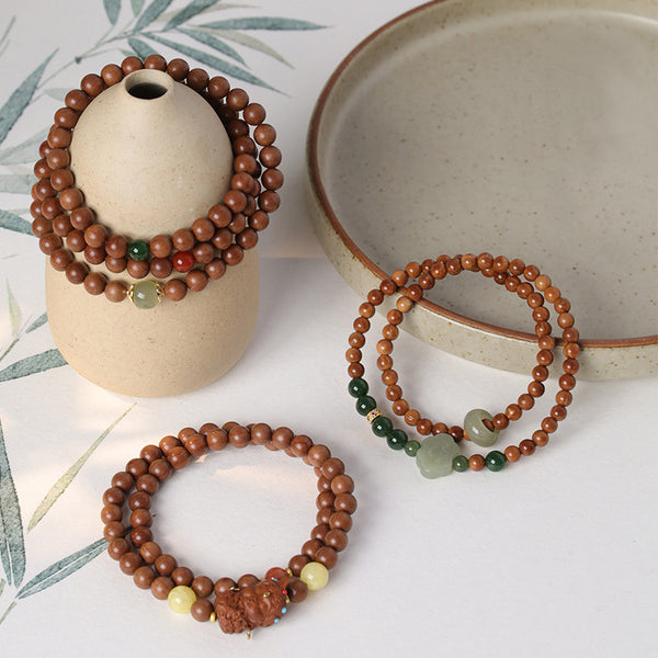 Sandalwood Mala Beads Divine Tara, Lucky Cloud & Jade Bead Handmade Spiritual Bracelets.