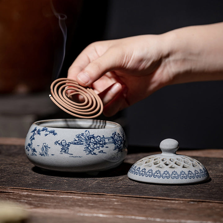 Exquisite Blue and White Porcelain Incense Burner.