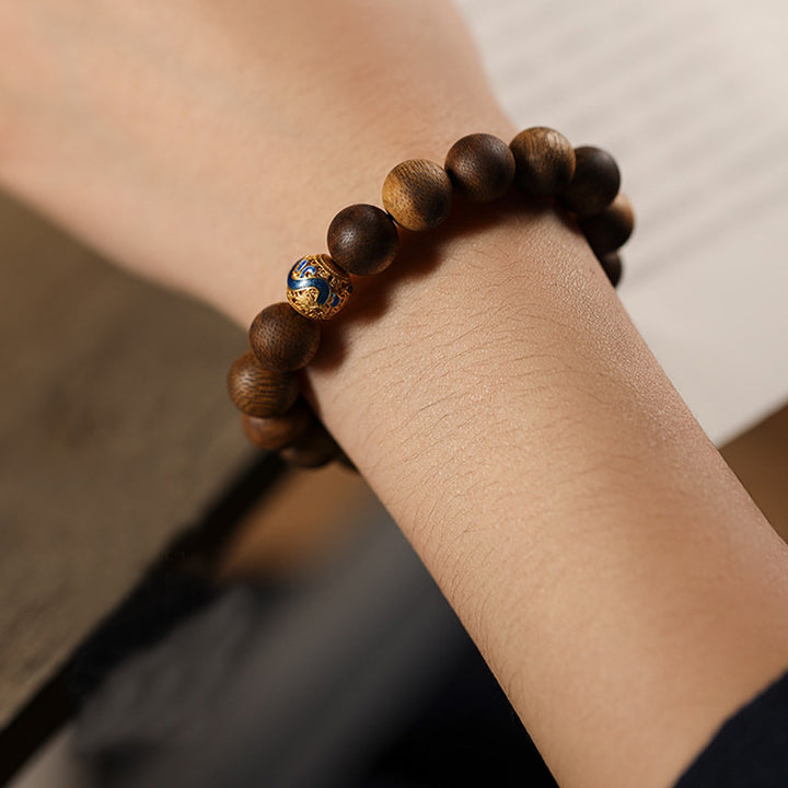Luxury Green Qinan Agarwood Bracelet - Silver Gilded Lucky Bead.
